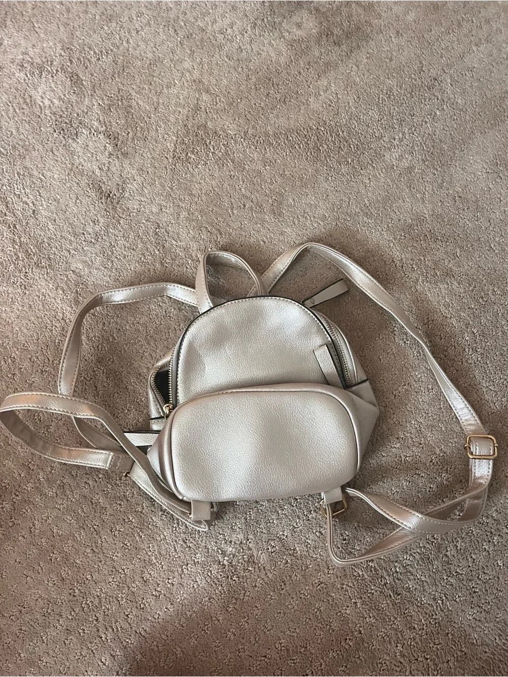 Mini Metallic Cream Backpack with Front Zip Pocket